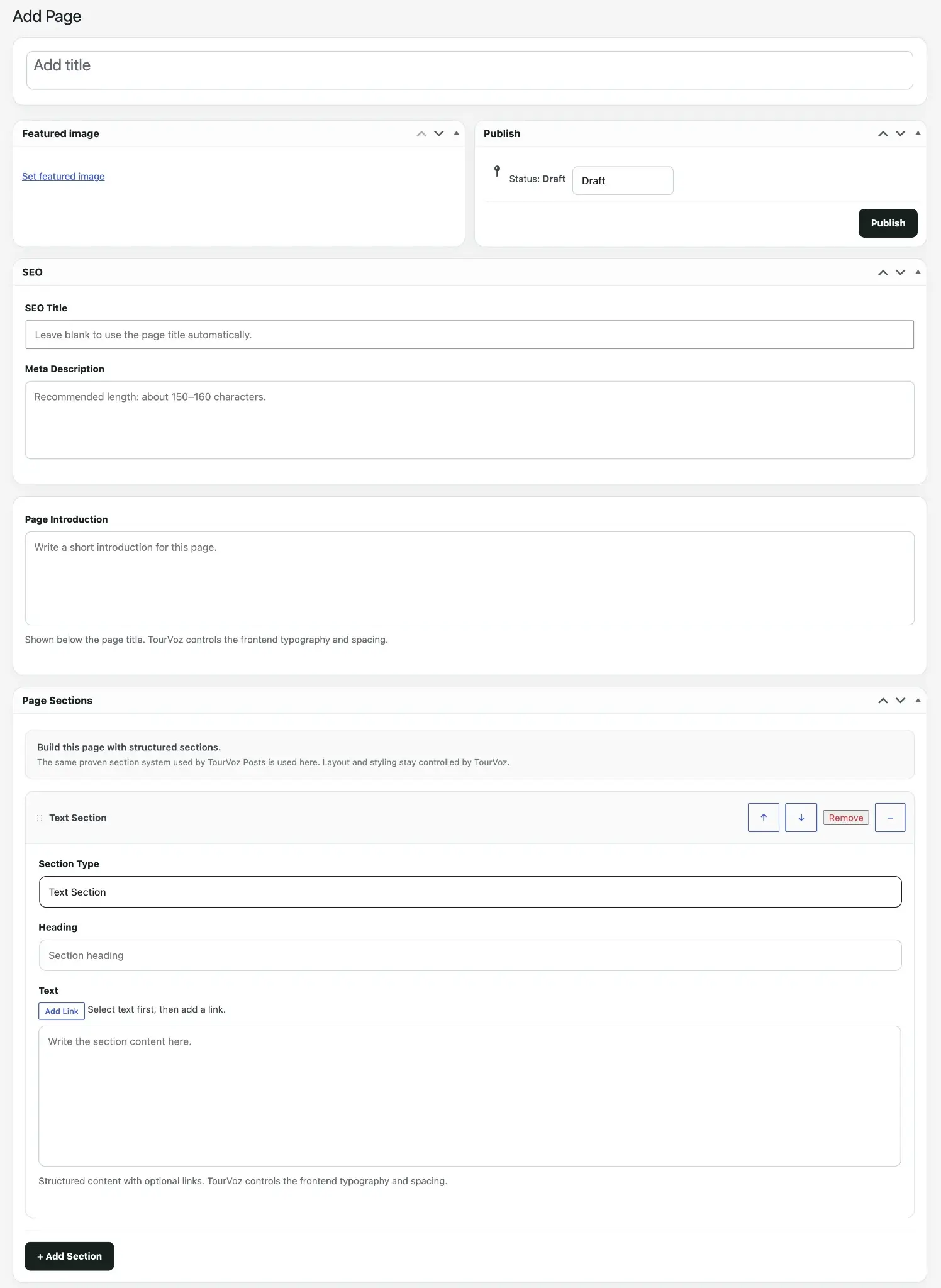 TourVoz Add Page 页面，包含 SEO、Page Introduction 和结构化 Page Sections 设置