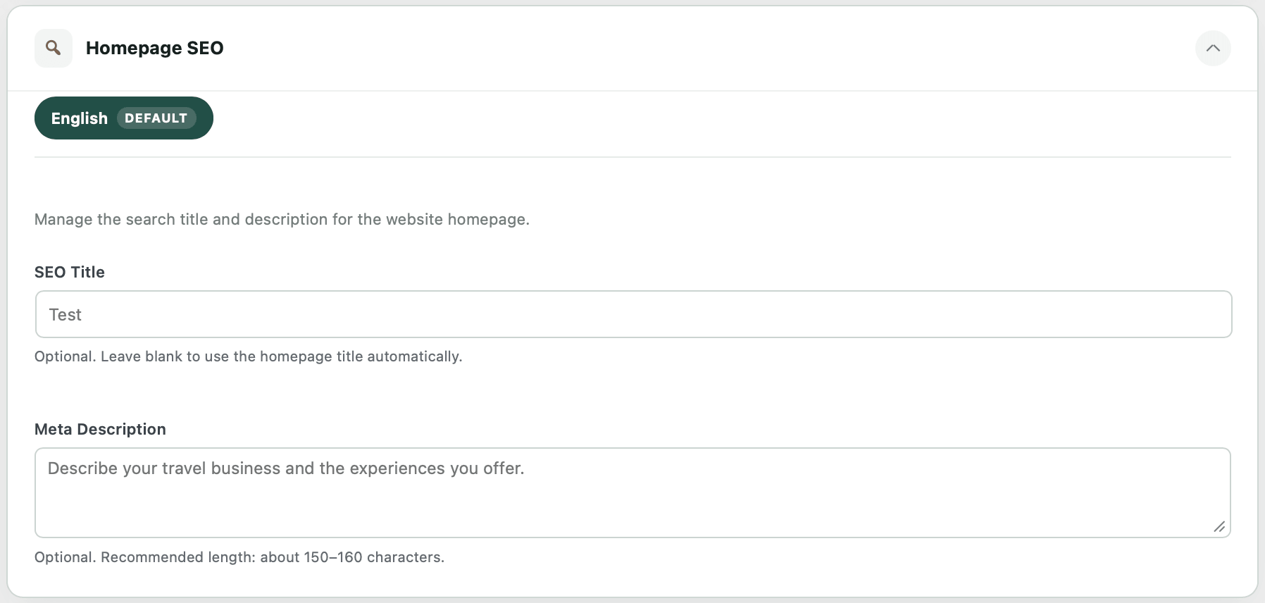 TourVoz Homepage SEO 设置页面，可设置网站首页的 SEO Title 和 Meta Description