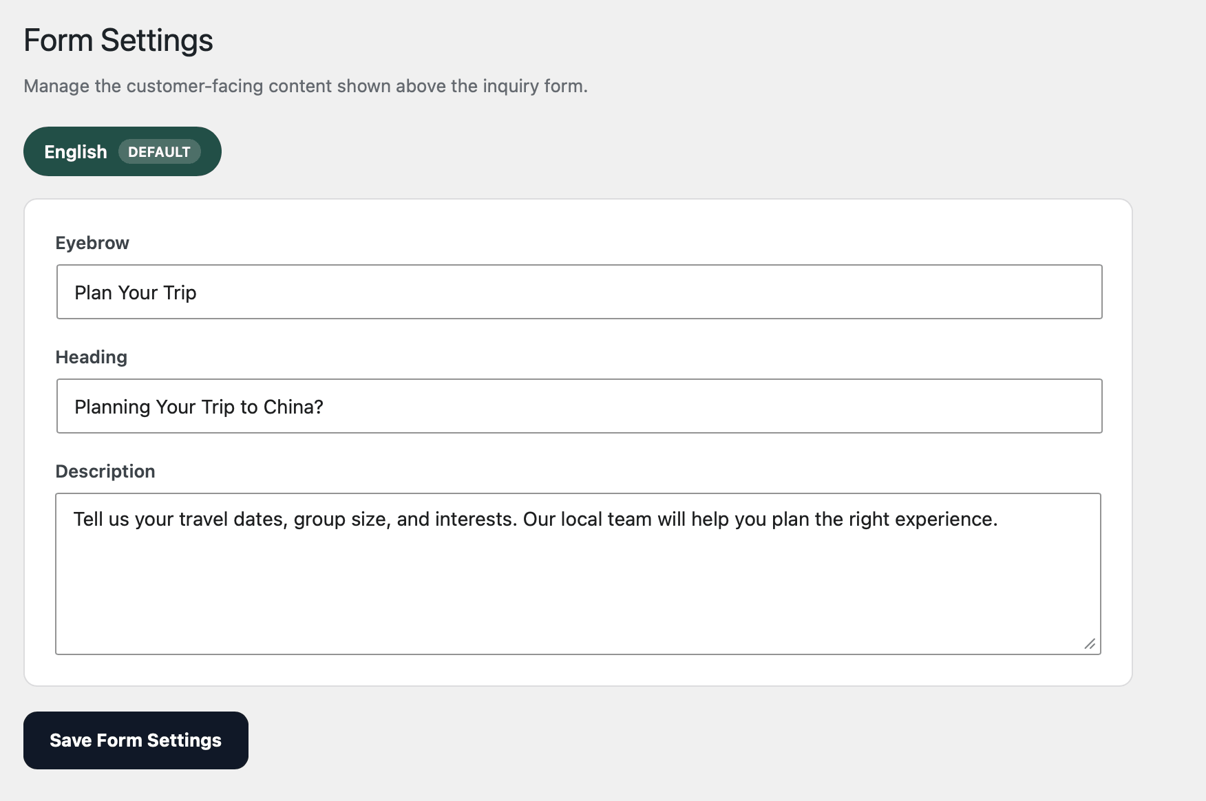 TourVoz Form Settings 页面，用于设置游客询盘表单上方的标题和说明内容