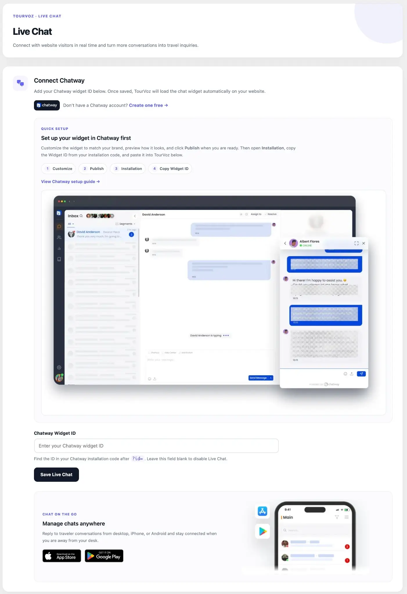 TourVoz Live Chat 设置页面，通过 Chatway Widget ID 连接网站在线聊天