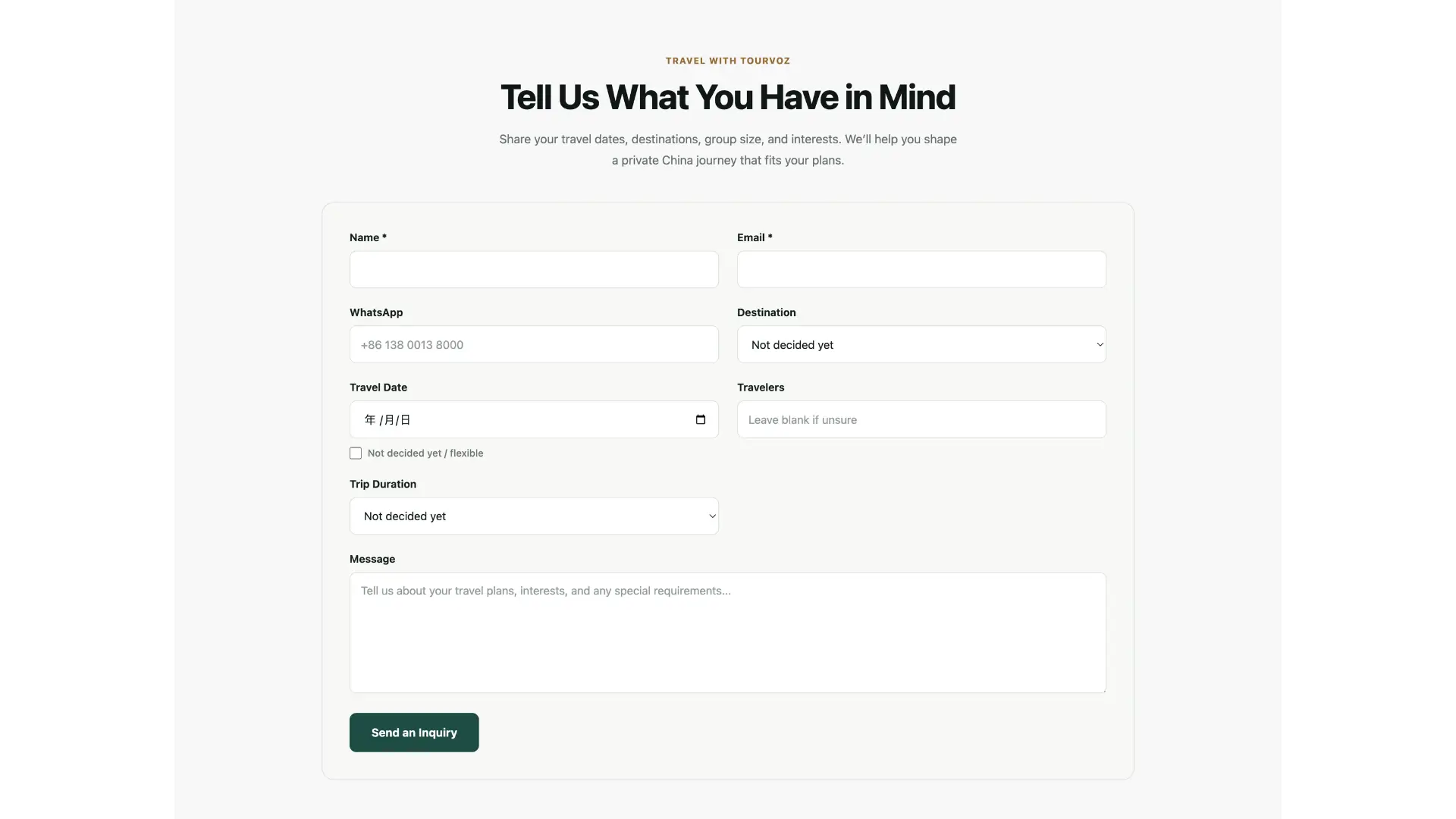TourVoz travel website demo showing the traveler inquiry form