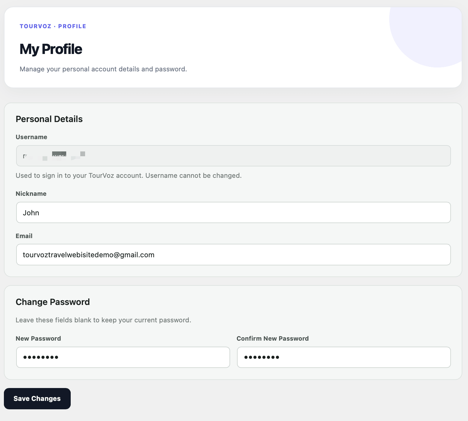 TourVoz My Profile 个人账户设置页面，用于修改昵称、邮箱和账户密码