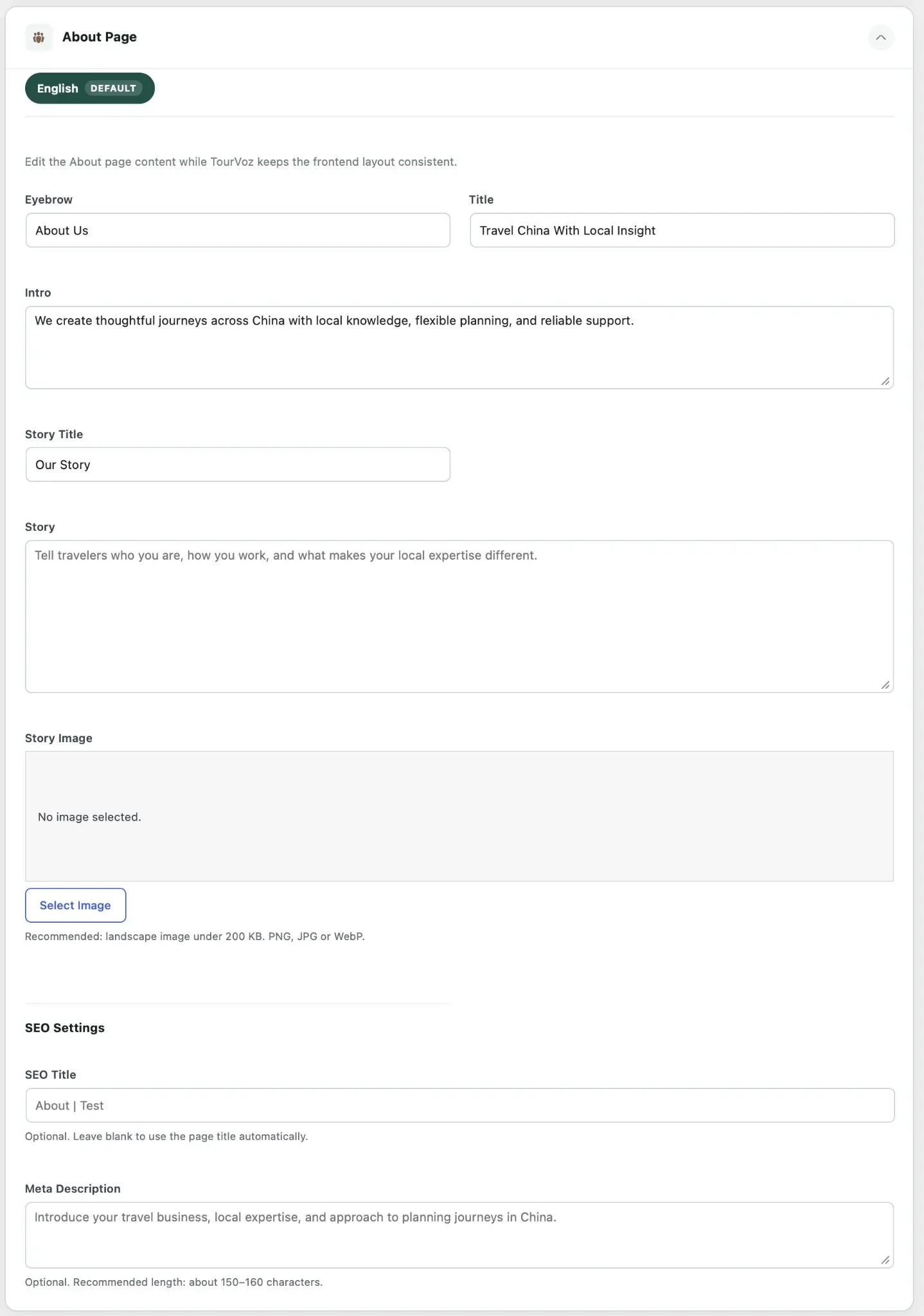 TourVoz About Page 设置页面，可编辑关于页面内容、品牌故事、Story Image 和 SEO 信息