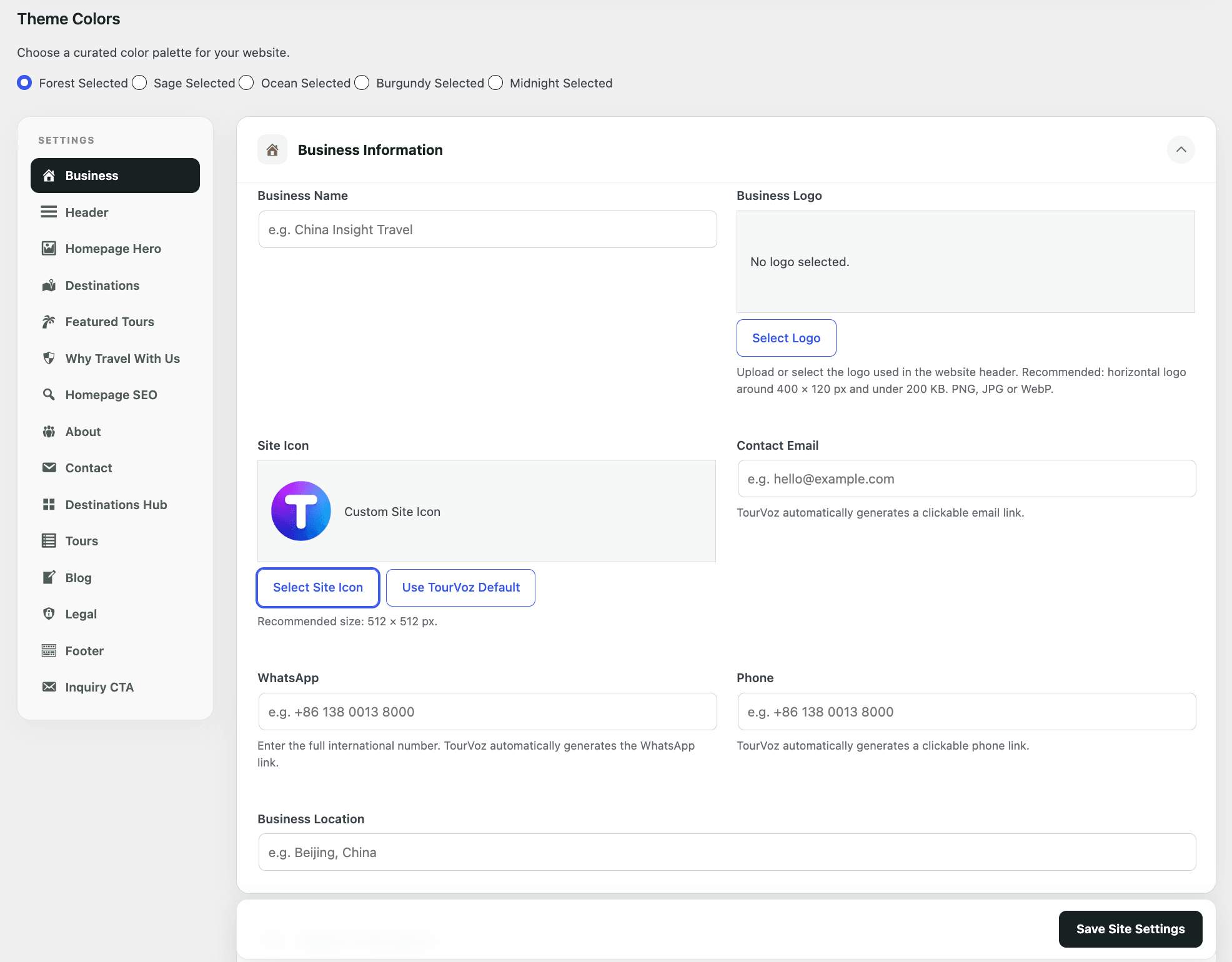 TourVoz Site Settings 的 Business 设置页面，包含主题颜色、品牌信息和联系方式设置