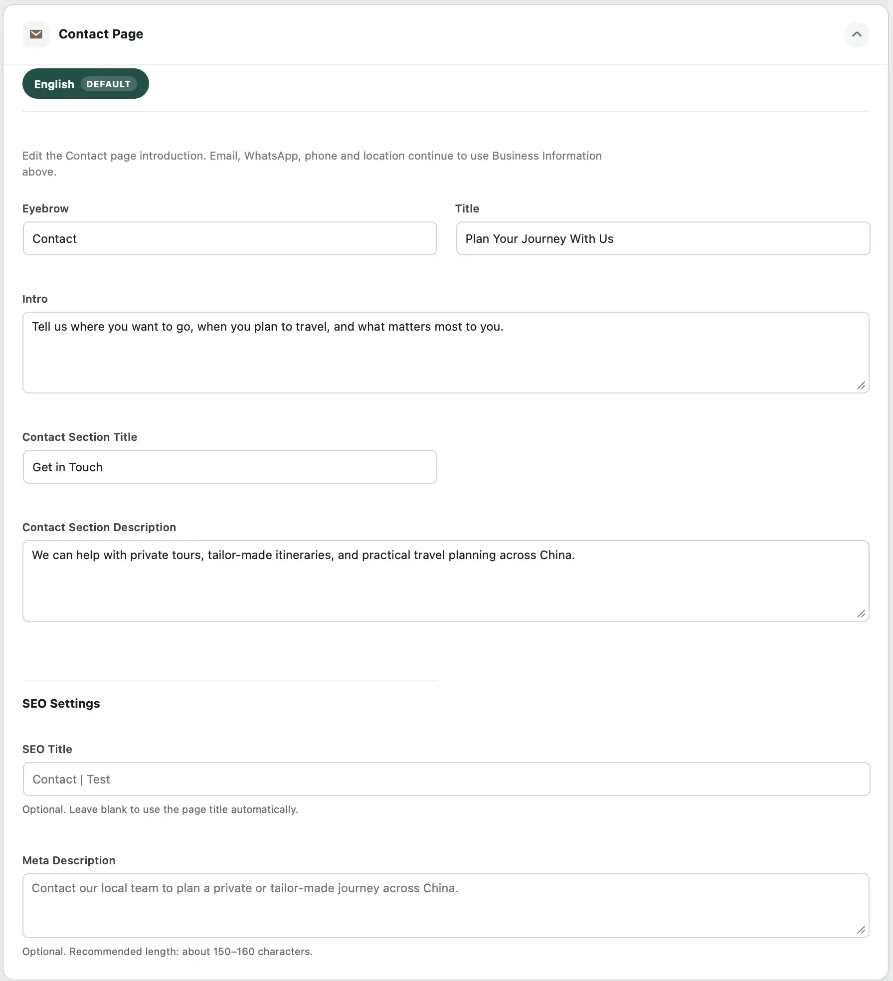 TourVoz Contact Page 设置页面，可编辑联系页面介绍、联系区域内容和 SEO 信息