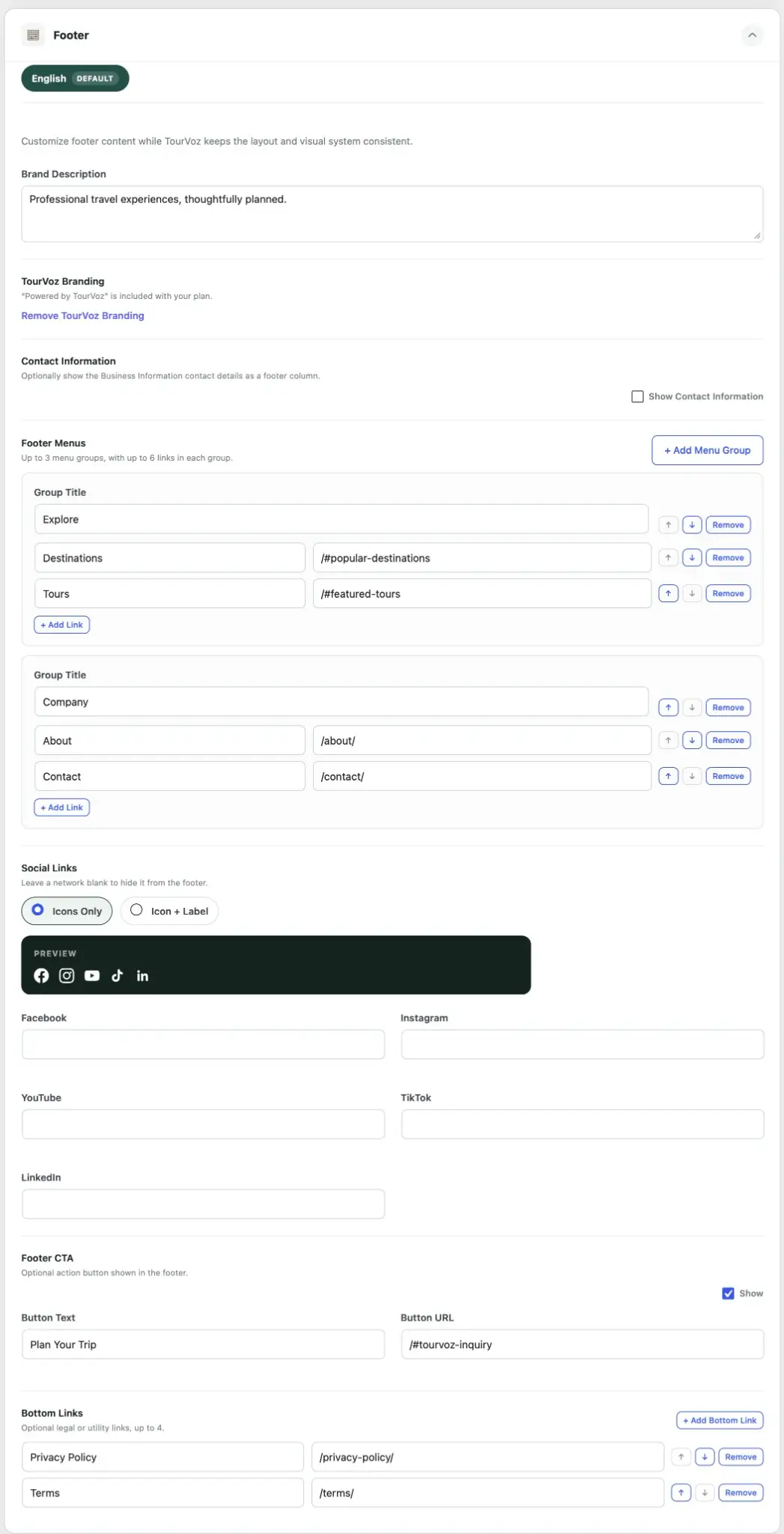 TourVoz Footer 设置页面，可管理页脚品牌介绍、菜单、联系方式、社交媒体、CTA 和底部链接