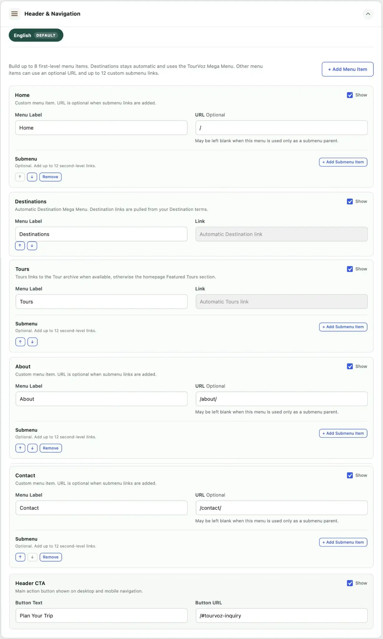 TourVoz Site Settings 的 Header & Navigation 设置页面，包含网站导航、子菜单和 Header CTA 设置