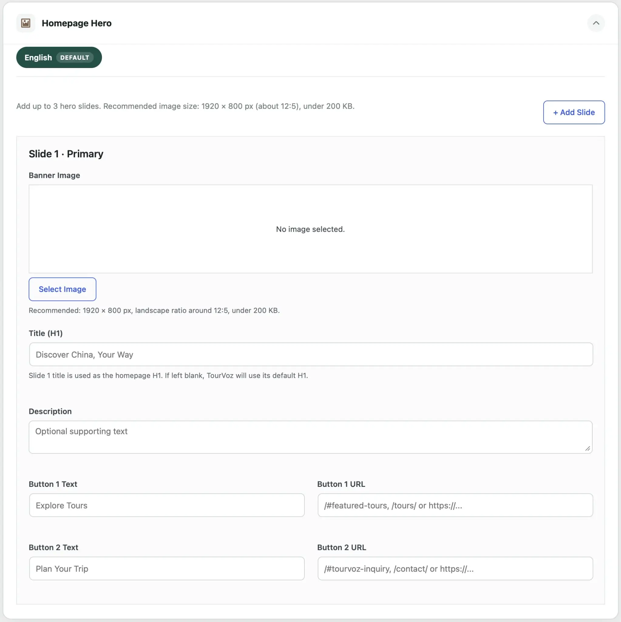 TourVoz Site Settings 的 Homepage Hero 设置页面，包含 Banner 图片、标题、描述和按钮设置