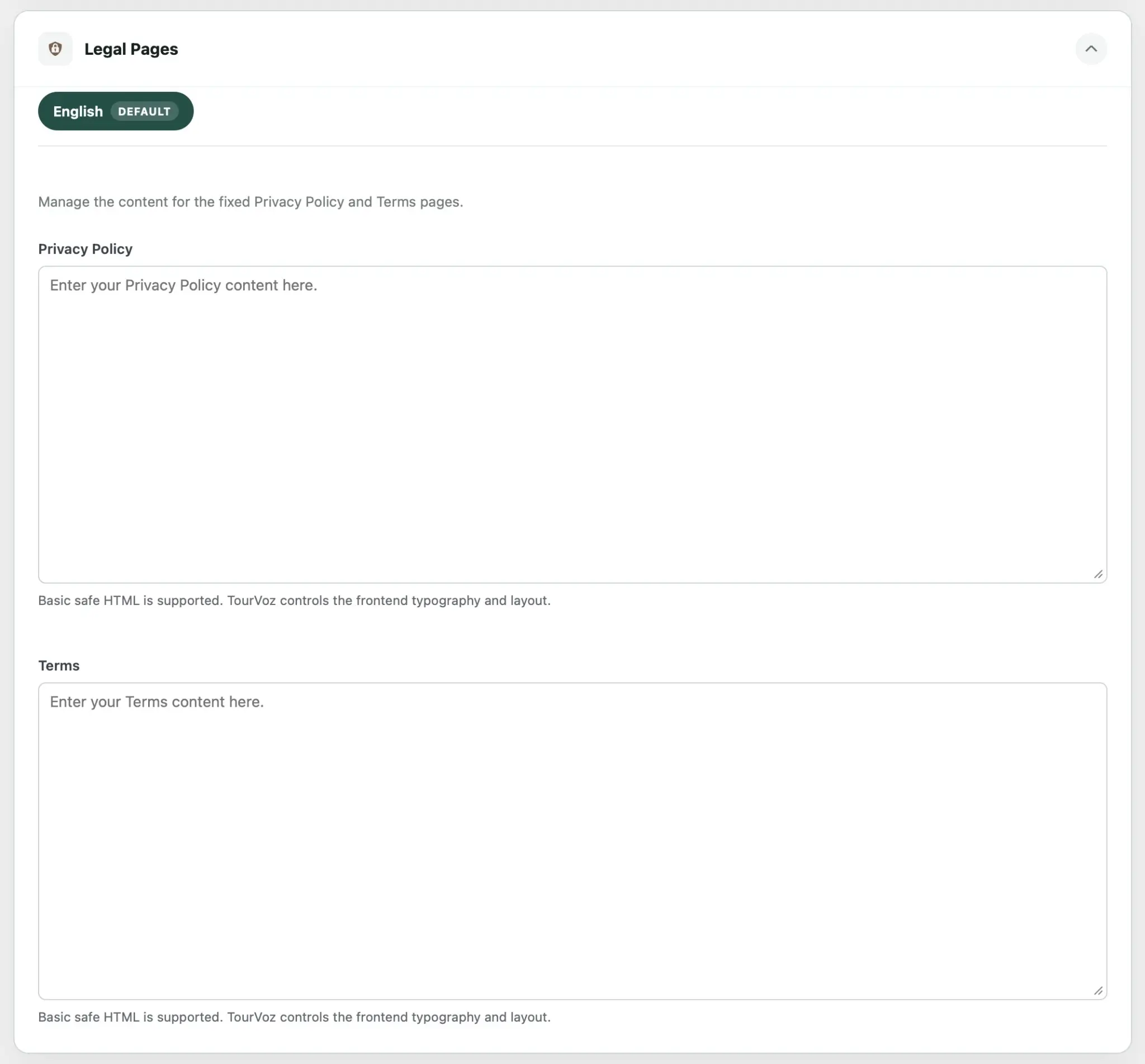 TourVoz Legal Pages 设置页面，可编辑 Privacy Policy 和 Terms 页面内容